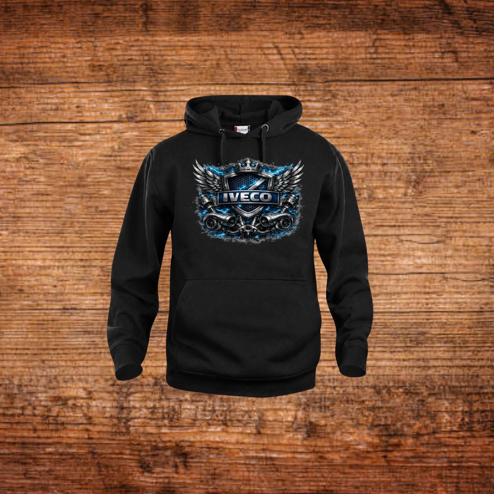 Schwarzer Kapuzenpullover mit IVECO Wings Frontdruck