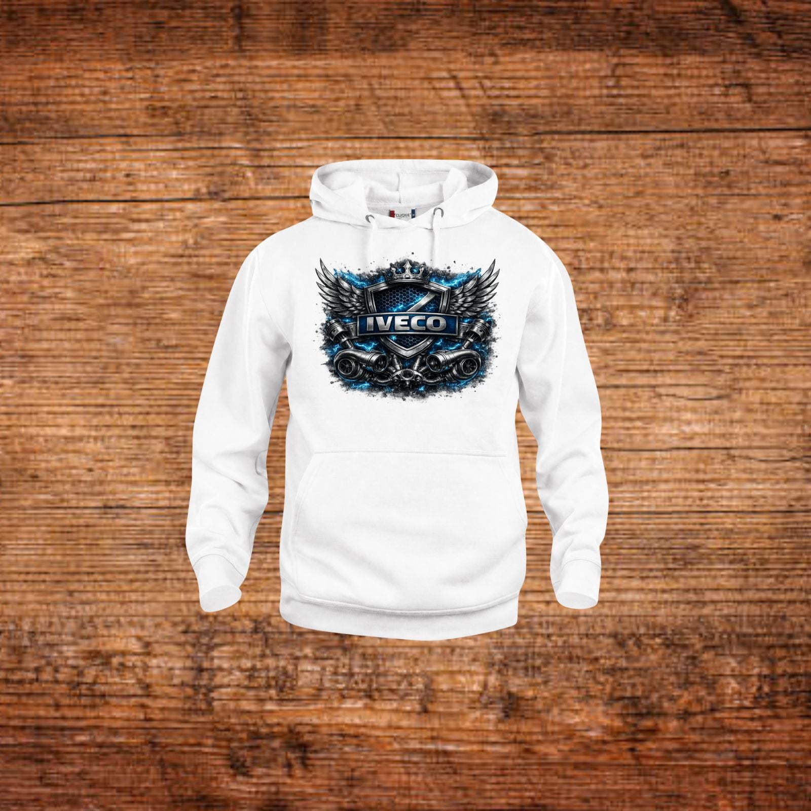 Weißer Kapuzenpullover mit IVECO Wings Frontdruck