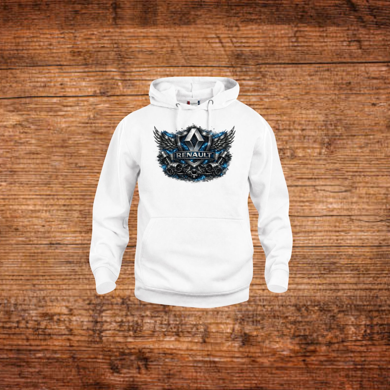 Weißer Kapuzenpullover mit Renault Wings Shield Brustmotiv und Kordelverschluss