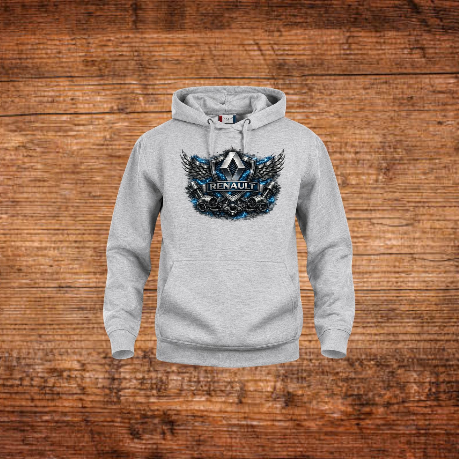 Grauer Kapuzenpullover mit Renault Wings Shield Brustmotiv und Kordelverschluss
