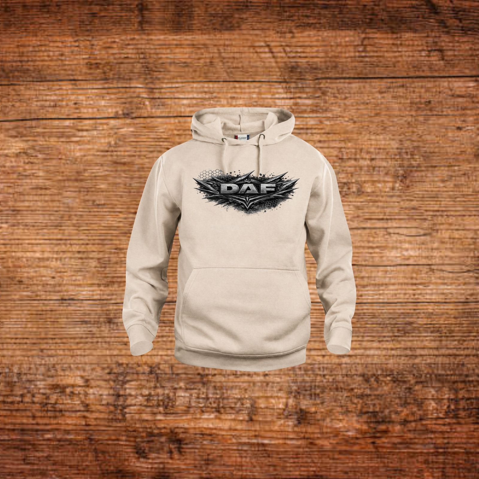 Beiger Kapuzenpullover mit Kängurutasche und DAF Brustprint, verstellbare Kordel