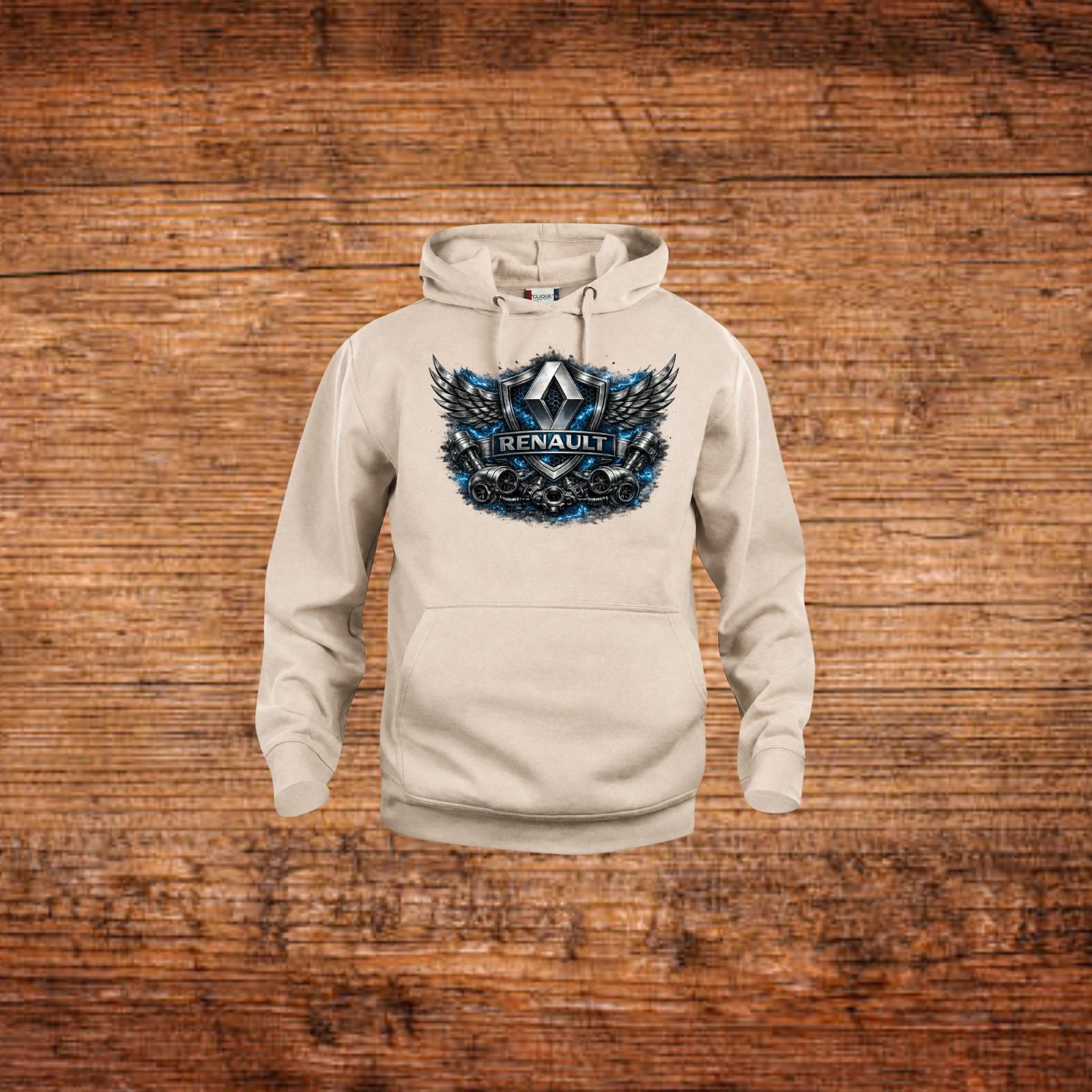 Beiger Kapuzenpullover mit Renault Wings Shield Brustmotiv und Kordelverschluss