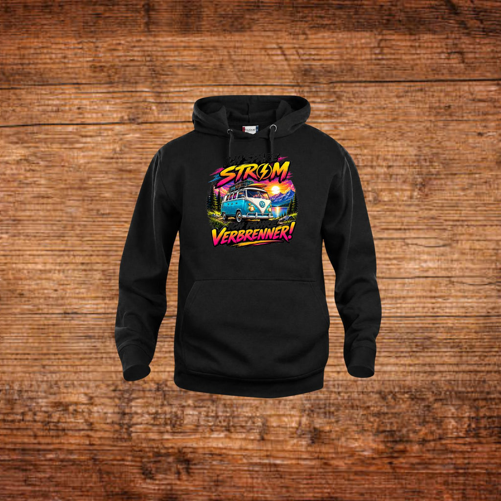 Schwarzer Hoodie mit Kapuze und Motivdruck „Strom verbrenner“