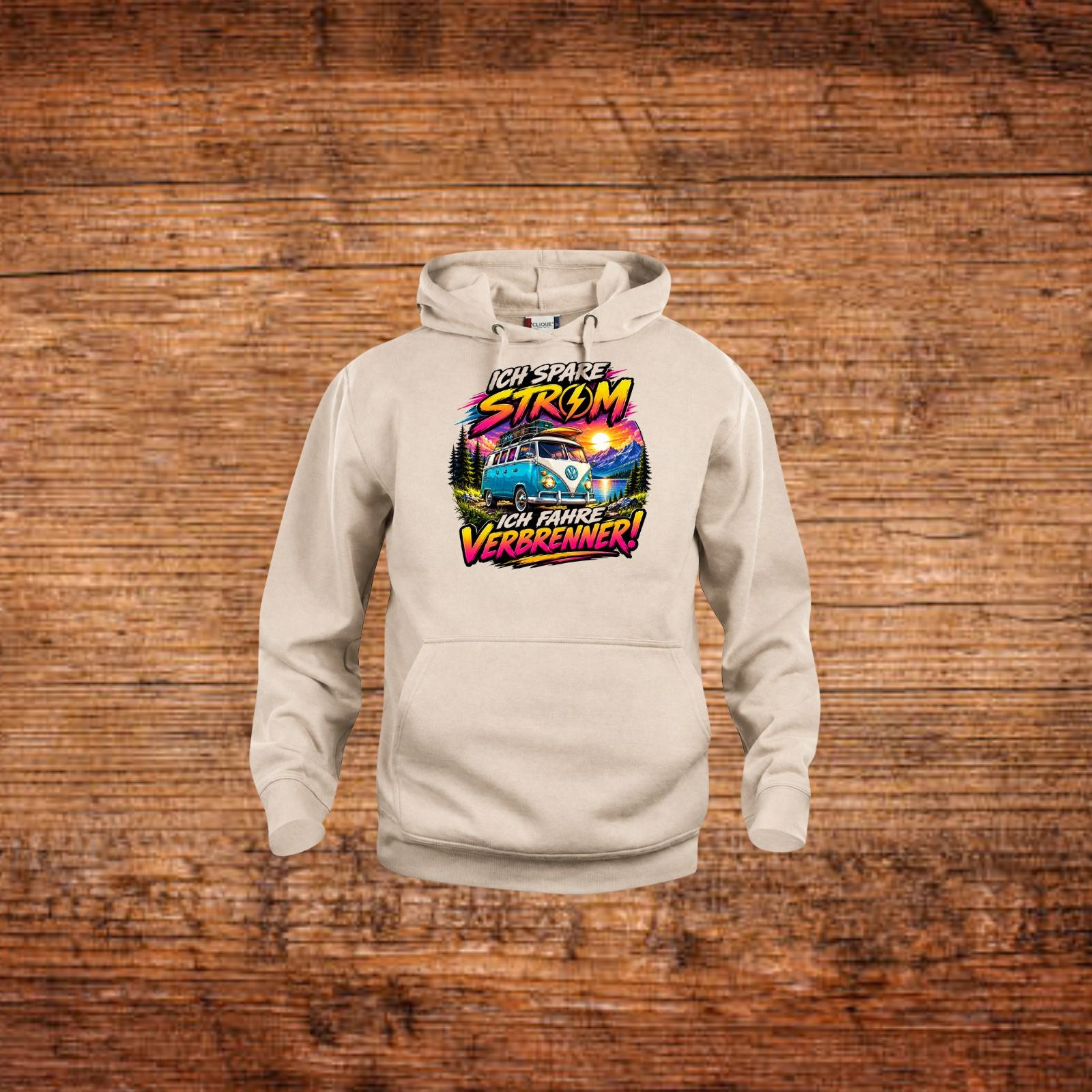 Beiger Hoodie mit Kapuze und Motivdruck mit VW-Bus