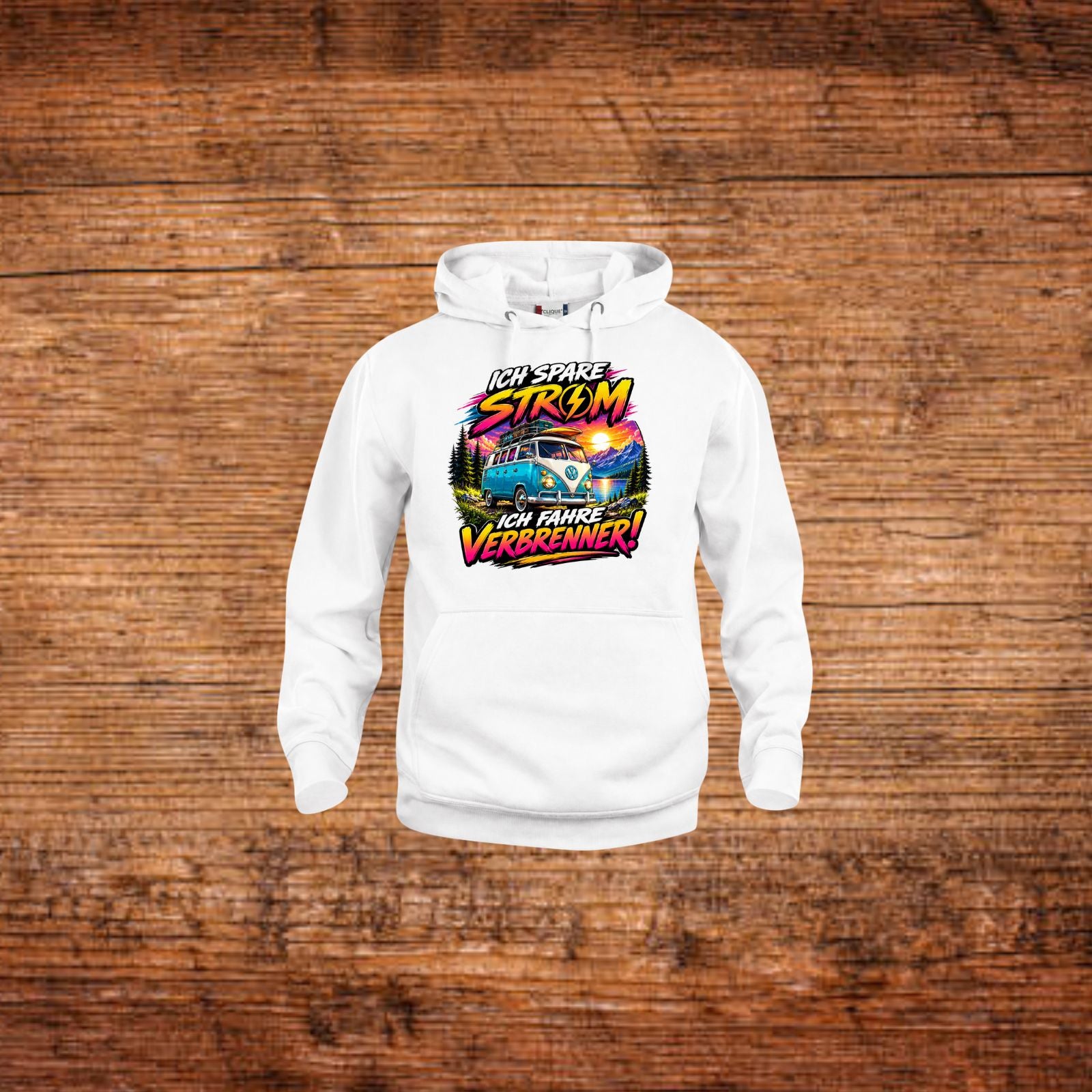 Weißer Hoodie mit Kapuze und Motivdruck mit VW-Bus