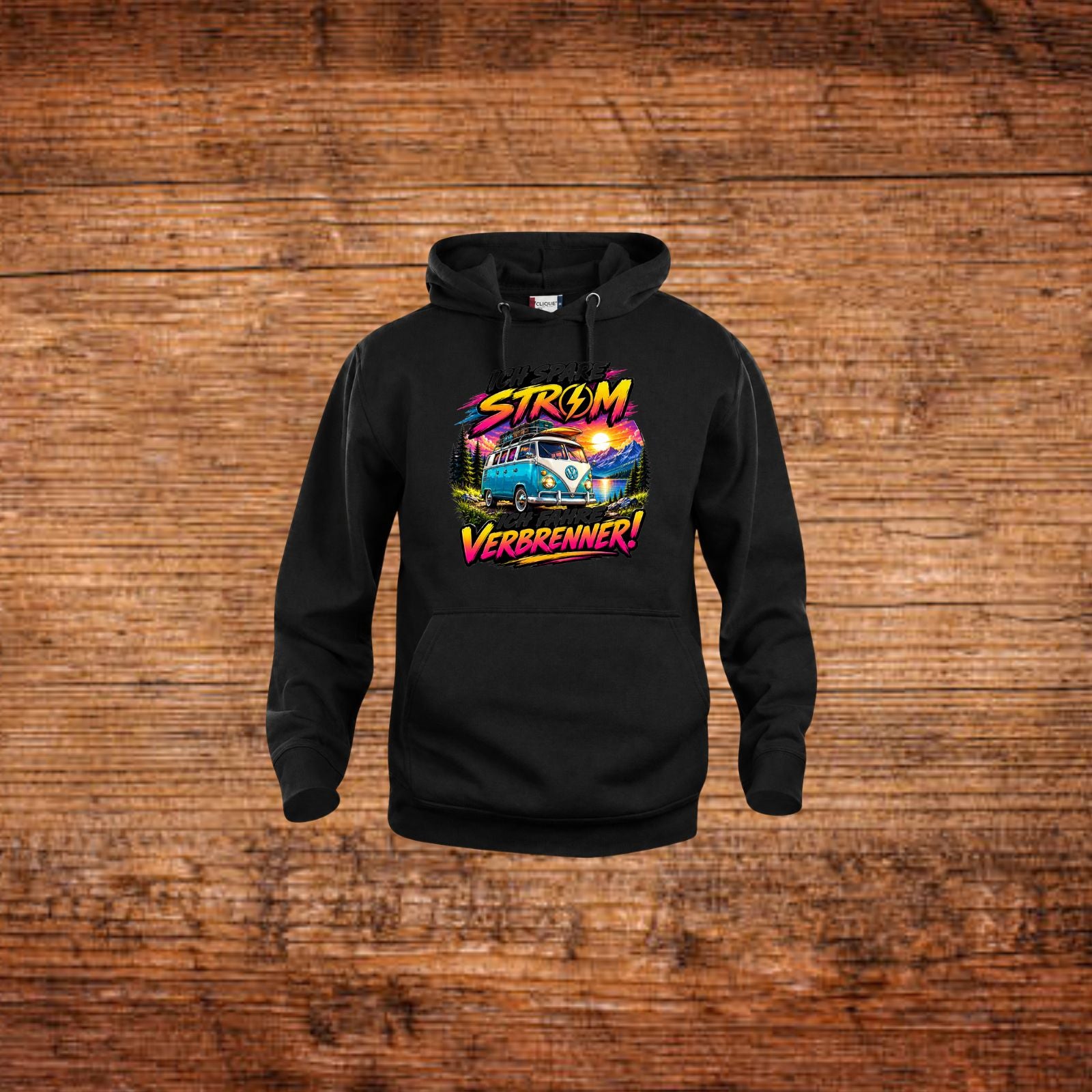 Schwarzer Hoodie mit Kapuze, Frontmotiv mit VW-Bus