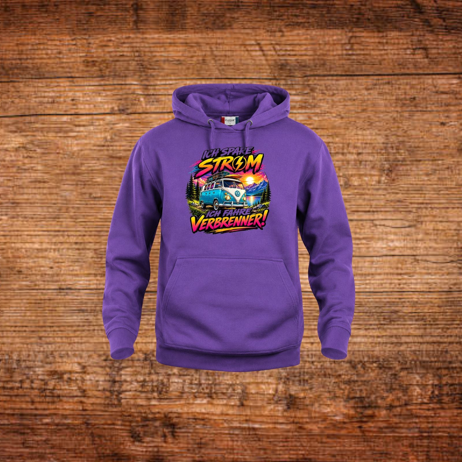 Lila Hoodie mit Kapuze und Motivdruck mit VW-Bus