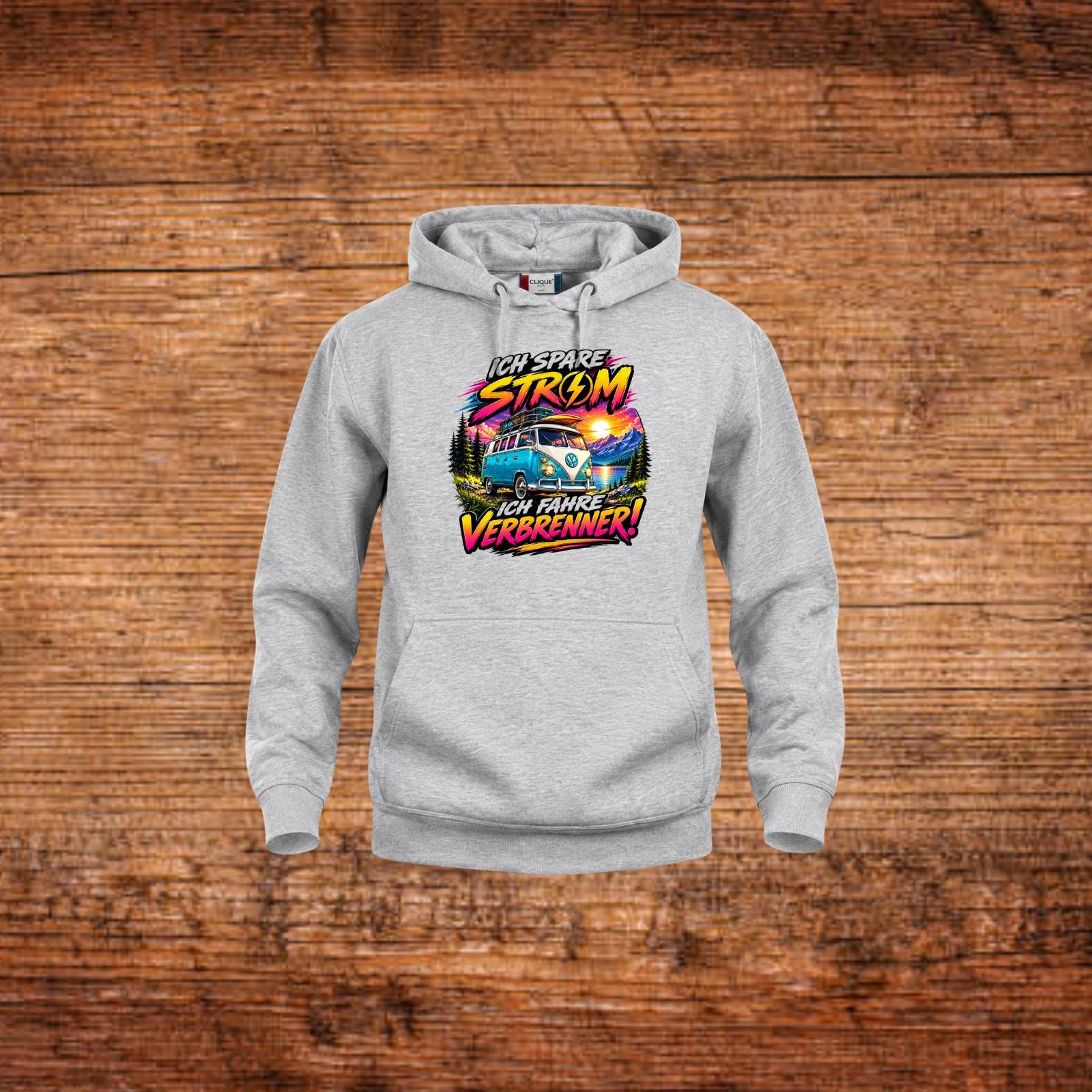 Grau melierter Hoodie mit Kapuze und Motivdruck mit VW-Bus