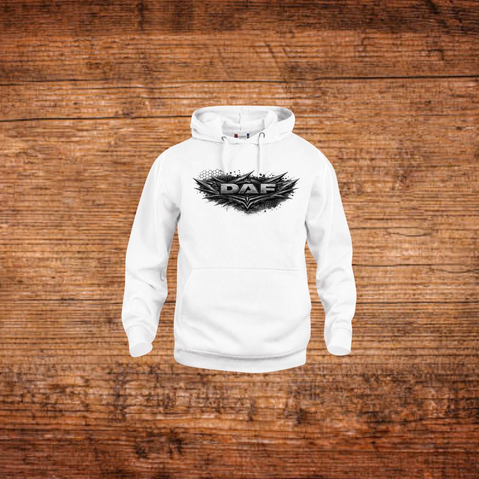 Weißer Kapuzenpullover mit Kängurutasche und DAF Brustprint, verstellbare Kordel