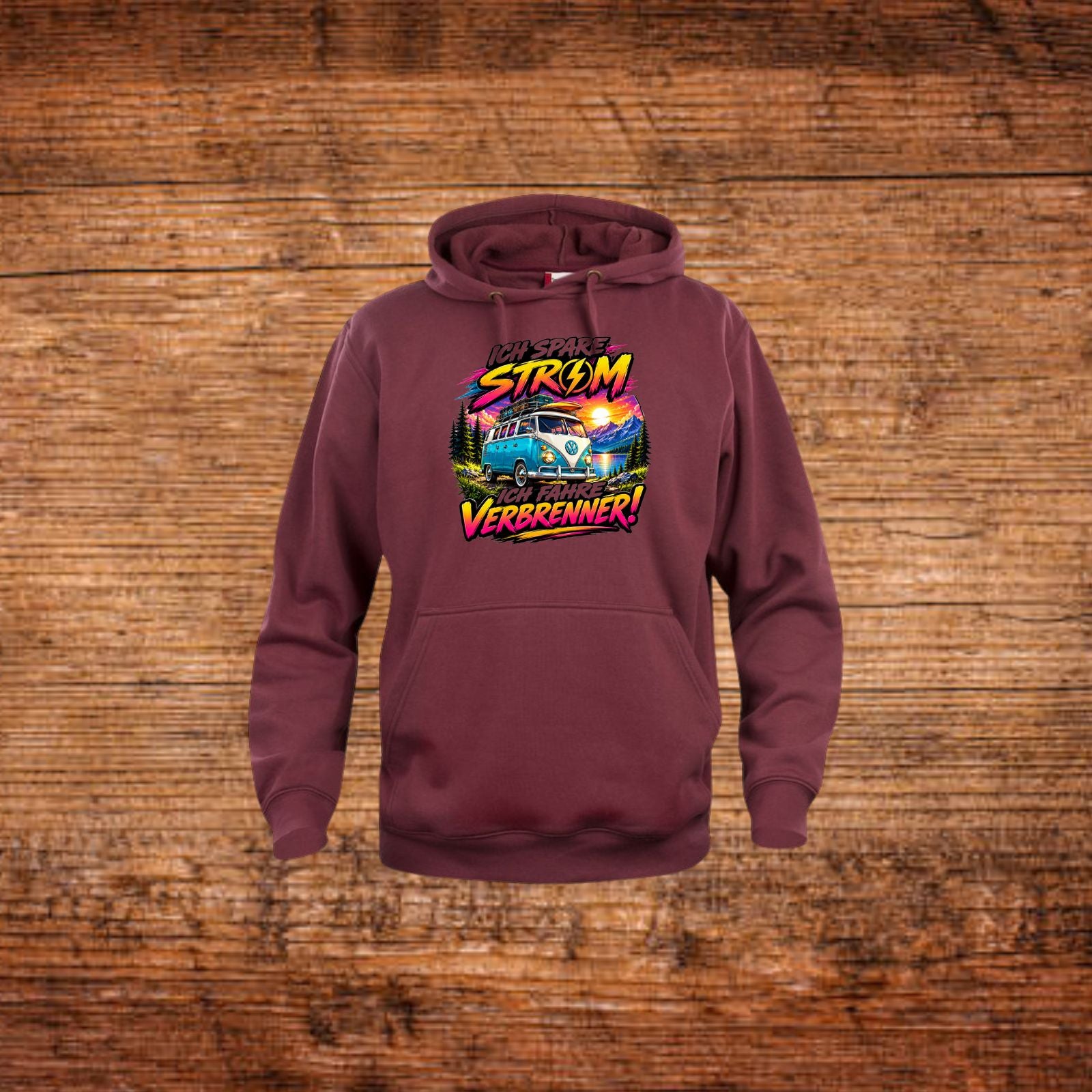 Dunkelroter Hoodie mit Kapuze und Motivdruck mit VW-Bus