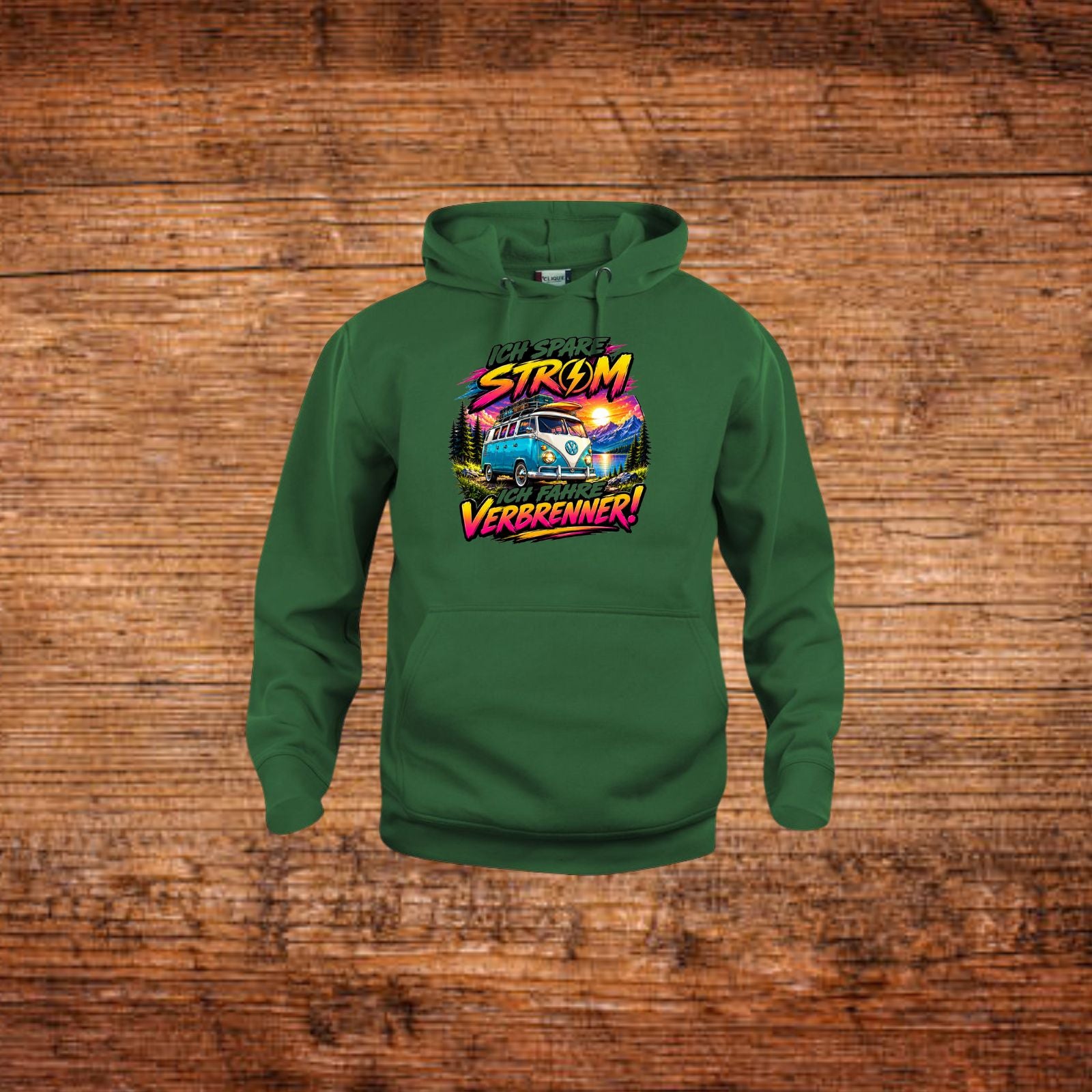 Grüner Hoodie mit Kapuze und Motivdruck mit VW-Bus