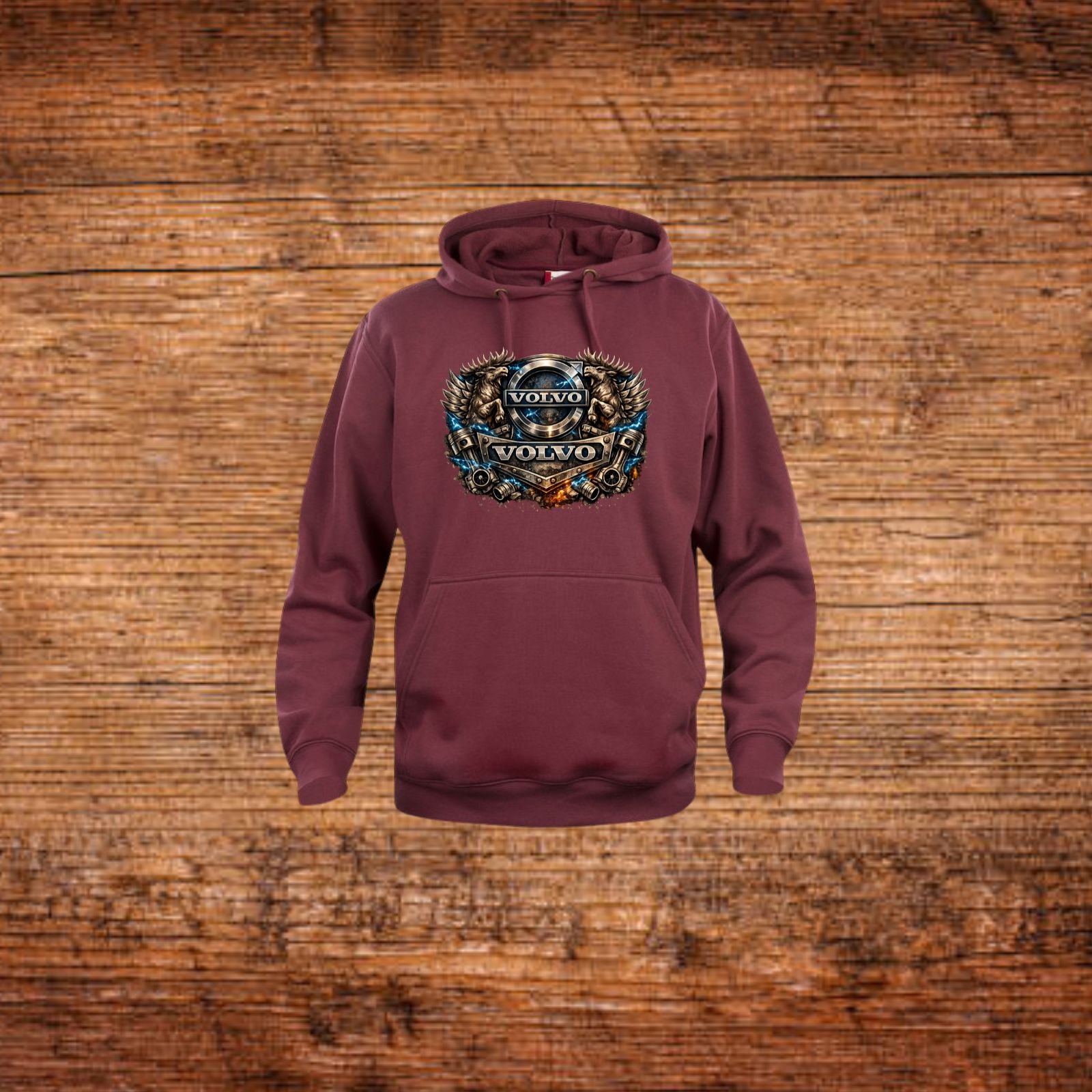 Weinroter Kapuzenpullover mit Volvo-Löwen-Print und Kängurutasche vorne