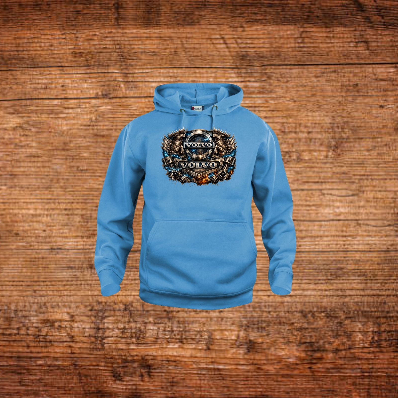 Blauer Kapuzenpullover mit Volvo-Löwen-Print und Kängurutasche vorne