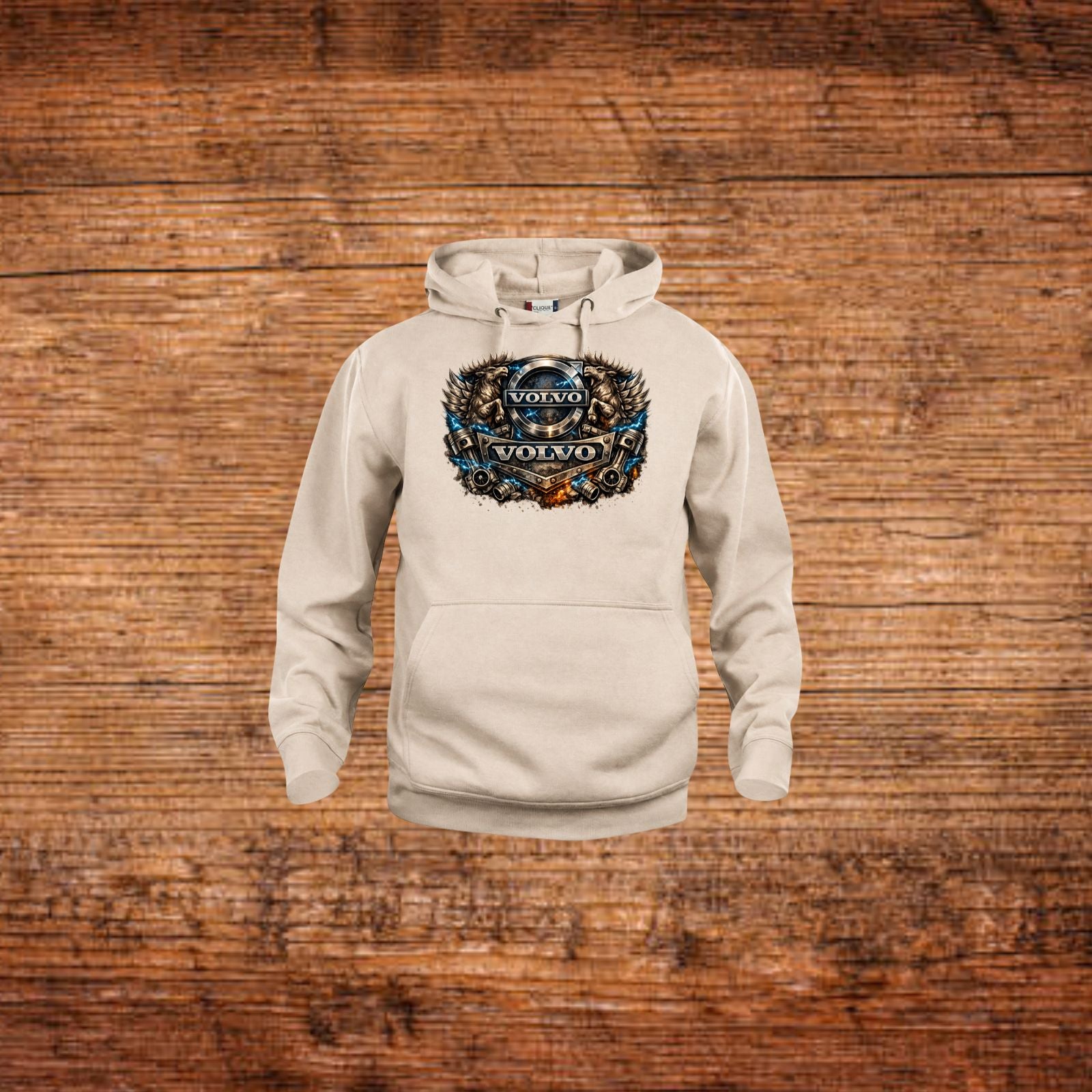 Beiger Kapuzenpullover mit Volvo-Löwen-Print und Kängurutasche vorne