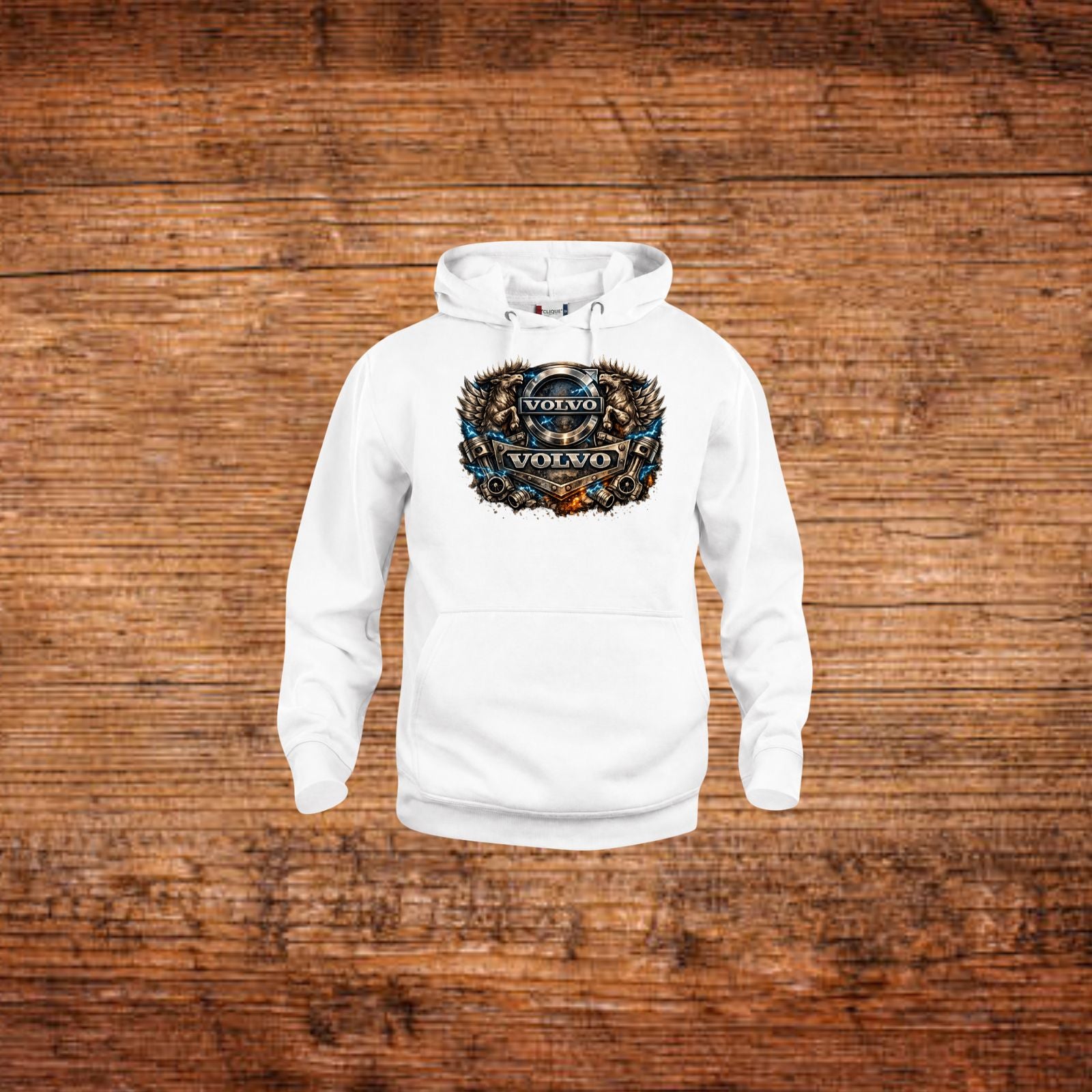 Weißen Kapuzenpullover mit Volvo-Löwen-Print und Kängurutasche vorne