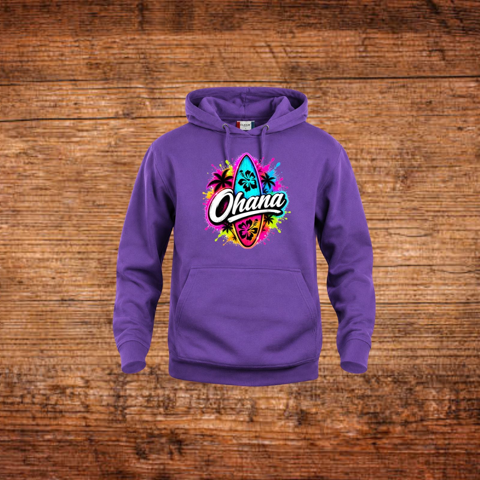 Lila Kapuzenpullover mit Frontprint „Ohana“ und Känguru-Tasche