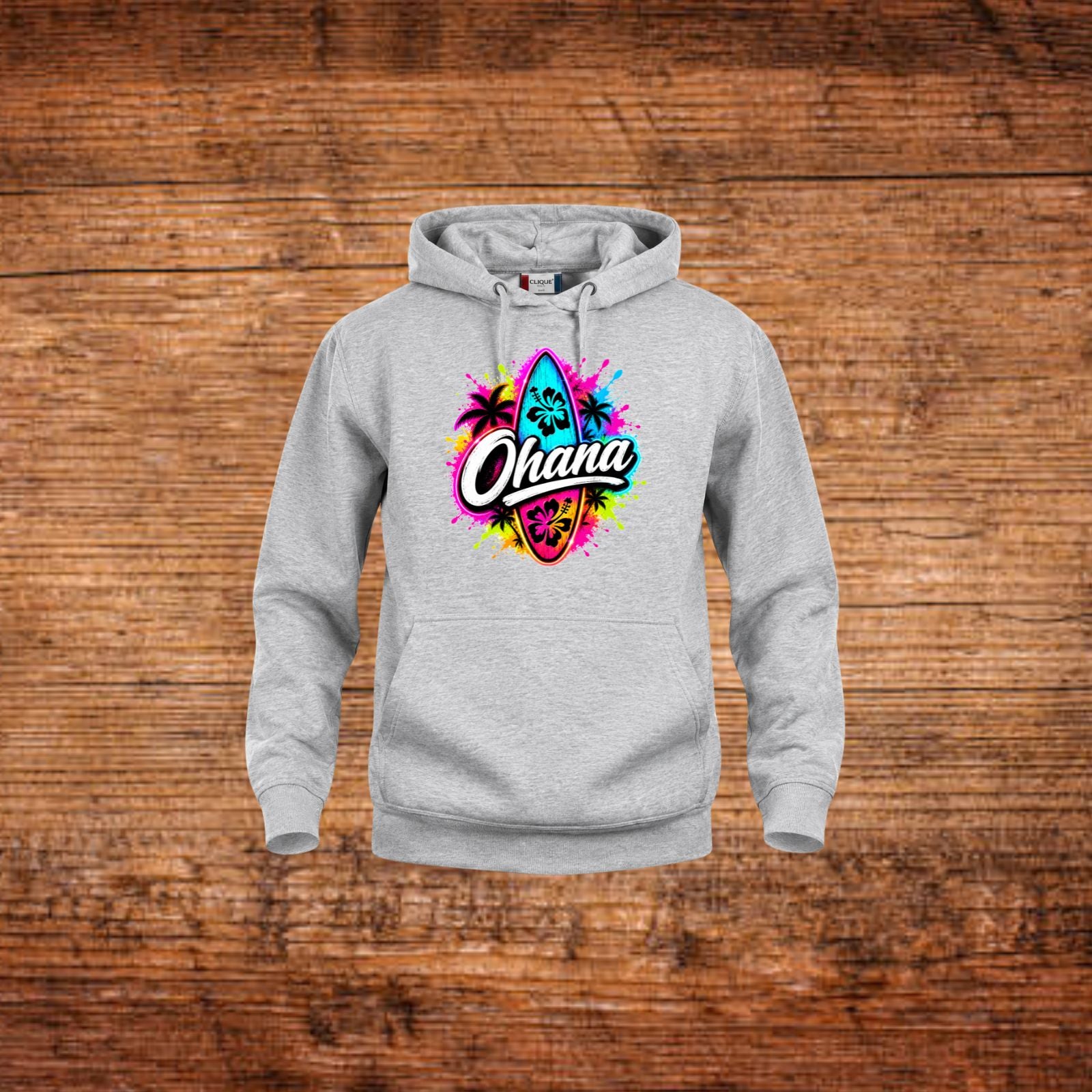 Grau melierter Kapuzenpullover mit Frontprint „Ohana“ und Känguru-Tasche
