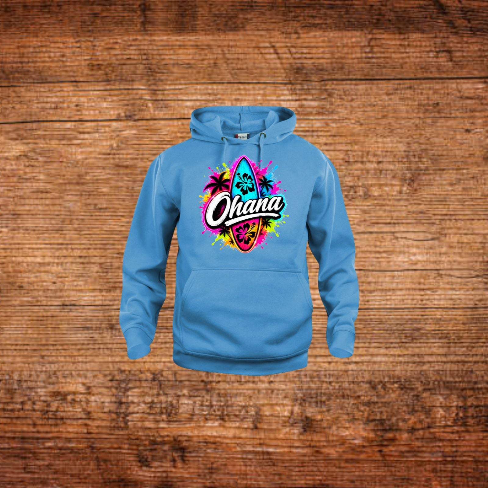 Blauer Kapuzenpullover mit Frontprint „Ohana“ und Känguru-Tasche