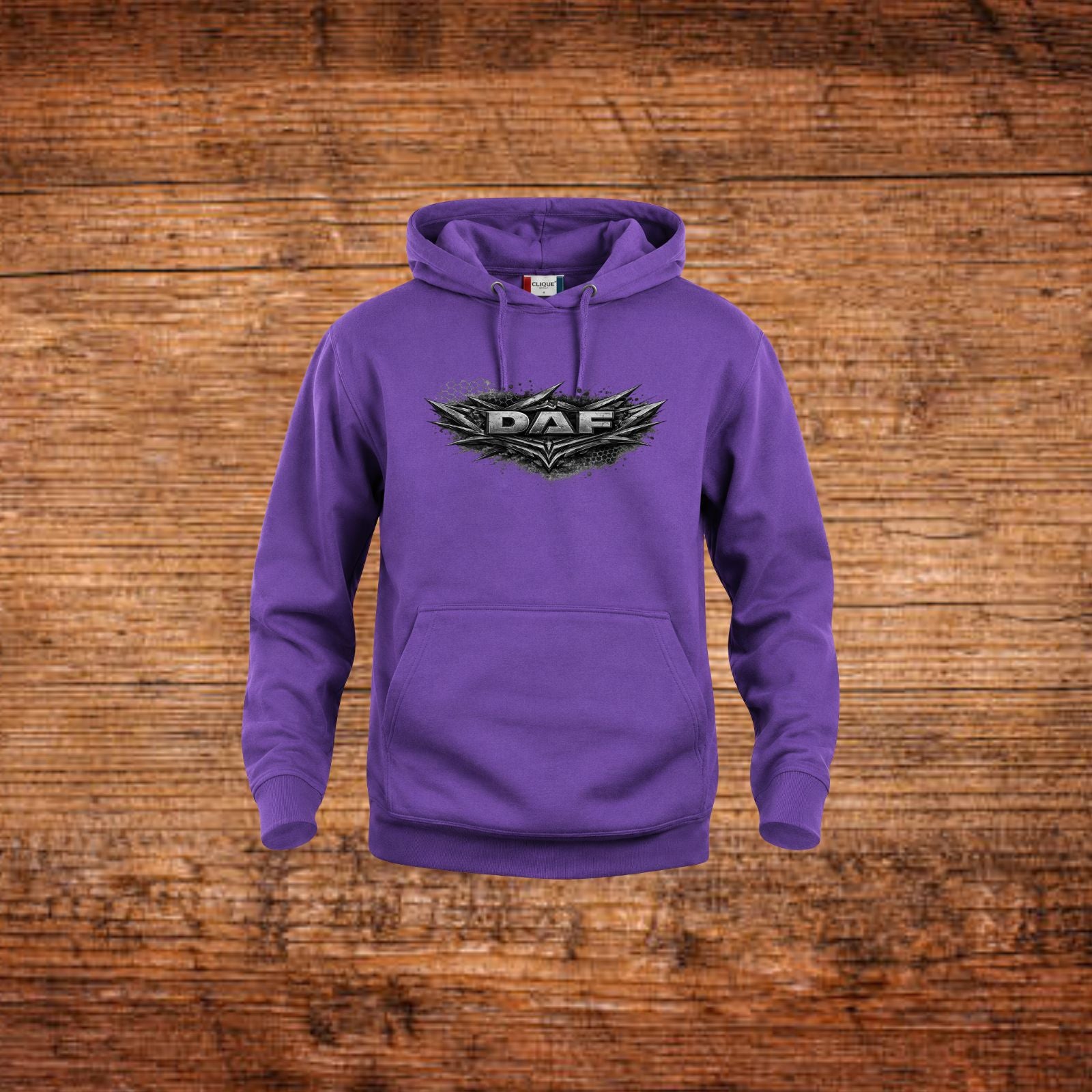 Lila Kapuzenpullover mit Kängurutasche und DAF Brustprint, verstellbare Kordel