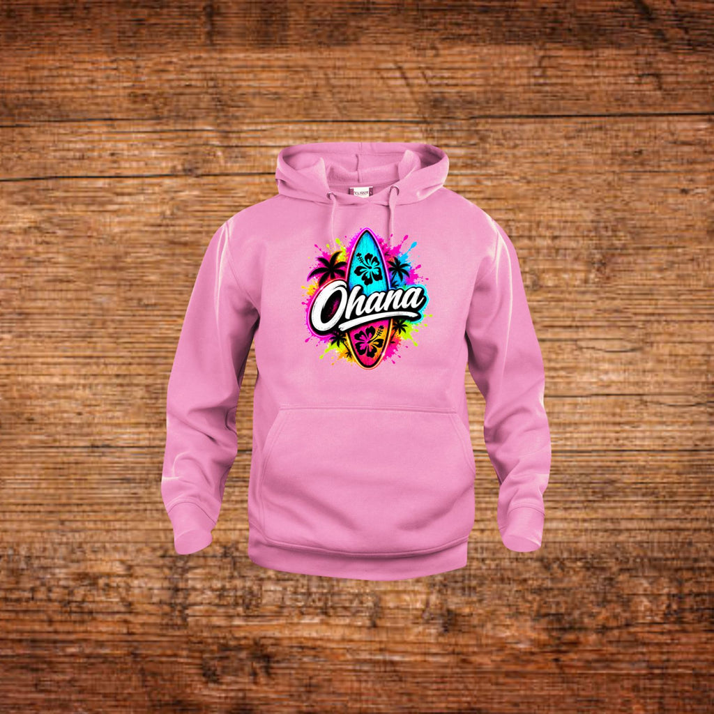 Rosa Kapuzenpullover mit Frontprint „Ohana“ und Känguru-Tasche