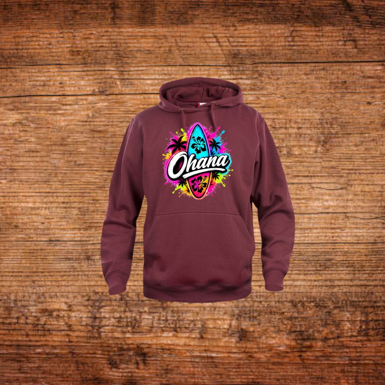 Burgunderfarbener Kapuzenpullover mit Frontprint „Ohana“ und Känguru-Tasche
