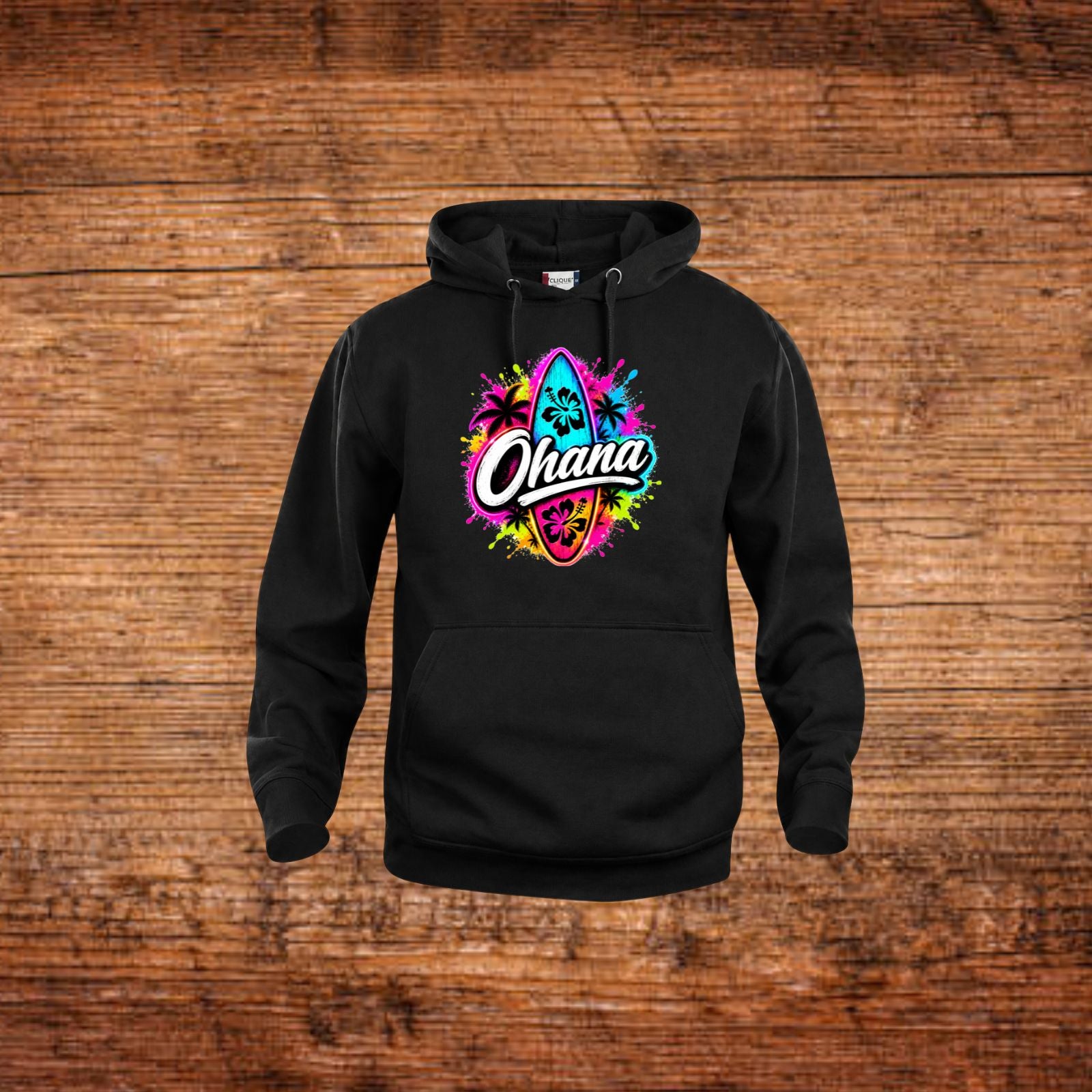 Schwarzer Kapuzenpullover mit Frontprint „Ohana“ und Känguru-Tasche