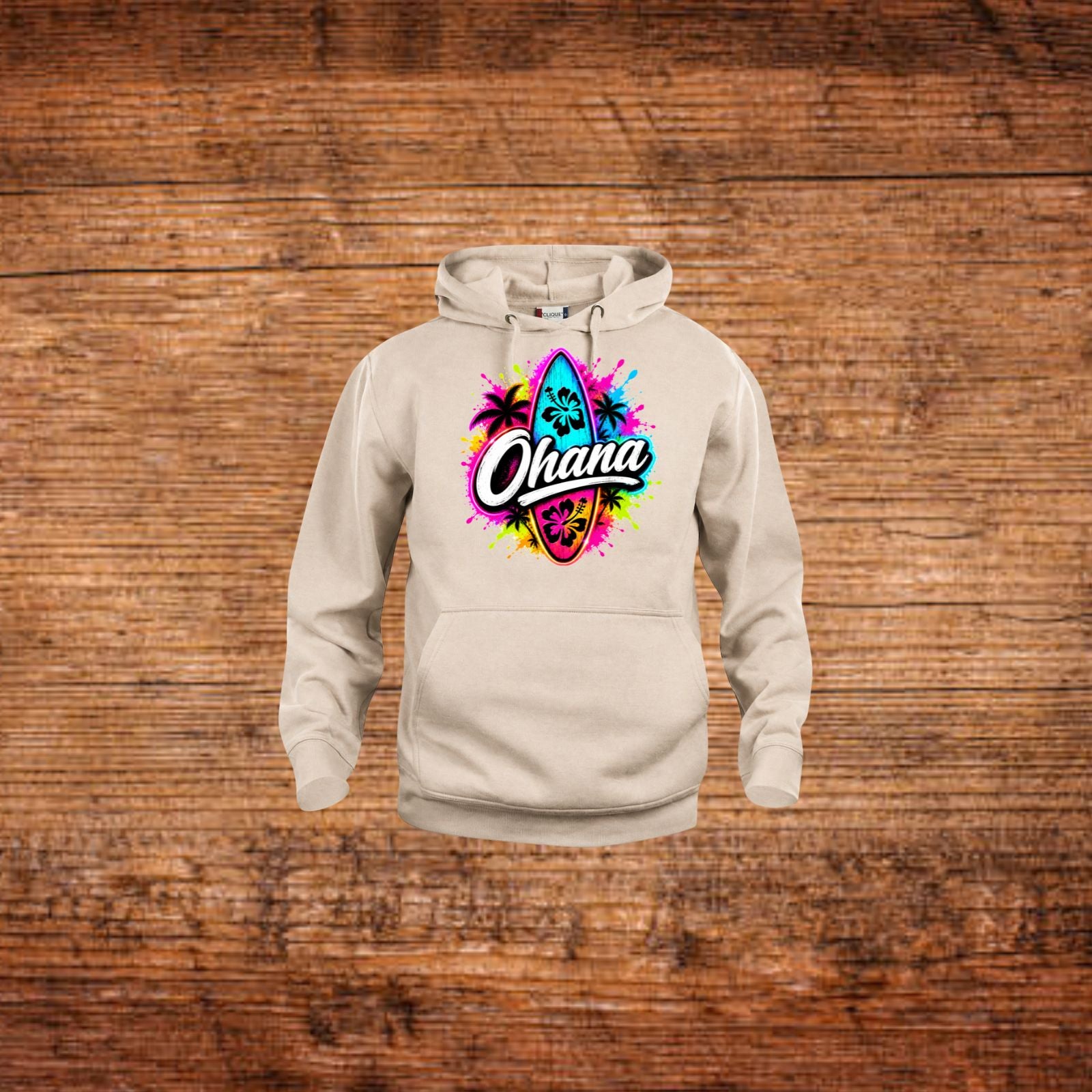 Beiger Kapuzenpullover mit Frontprint „Ohana“ und Känguru-Tasche