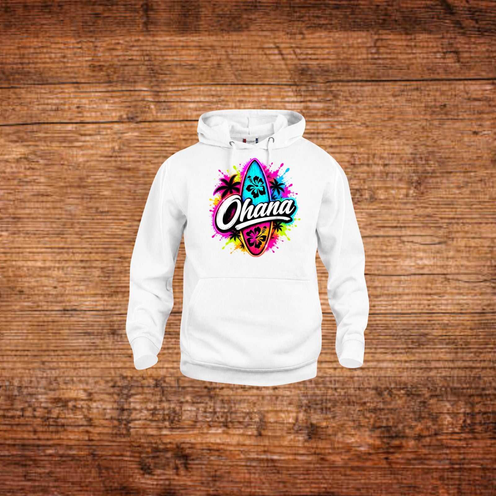 Weißer Kapuzenpullover mit Frontprint „Ohana“ und Känguru-Tasche