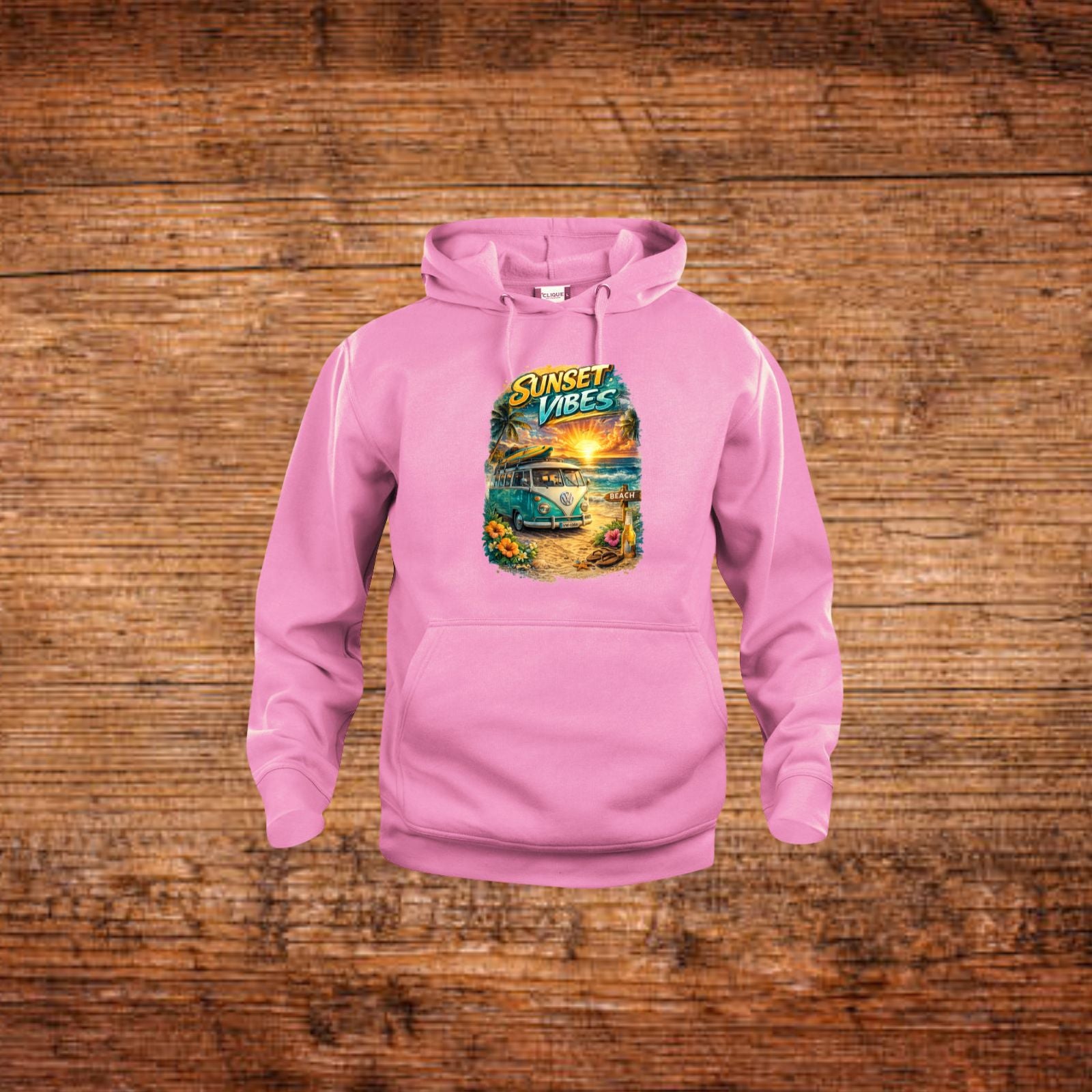 Rosa Kapuzensweatshirt mit Frontprint, Kordelzug und Kängurutasche