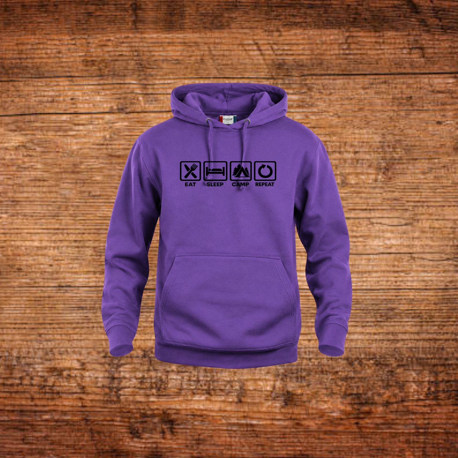 Lila Kapuzenpulli mit Kängurutasche und Frontprint, Kordelzug