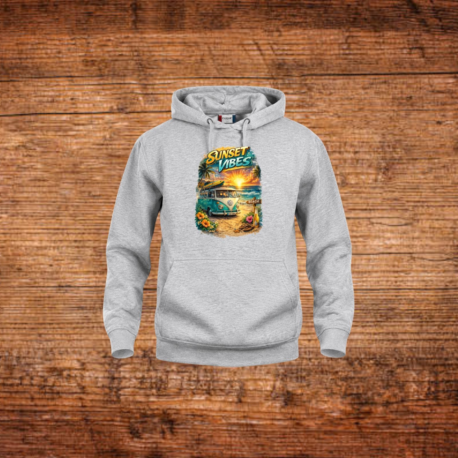 Graues Kapuzensweatshirt mit Frontprint, Kordelzug und Kängurutasche