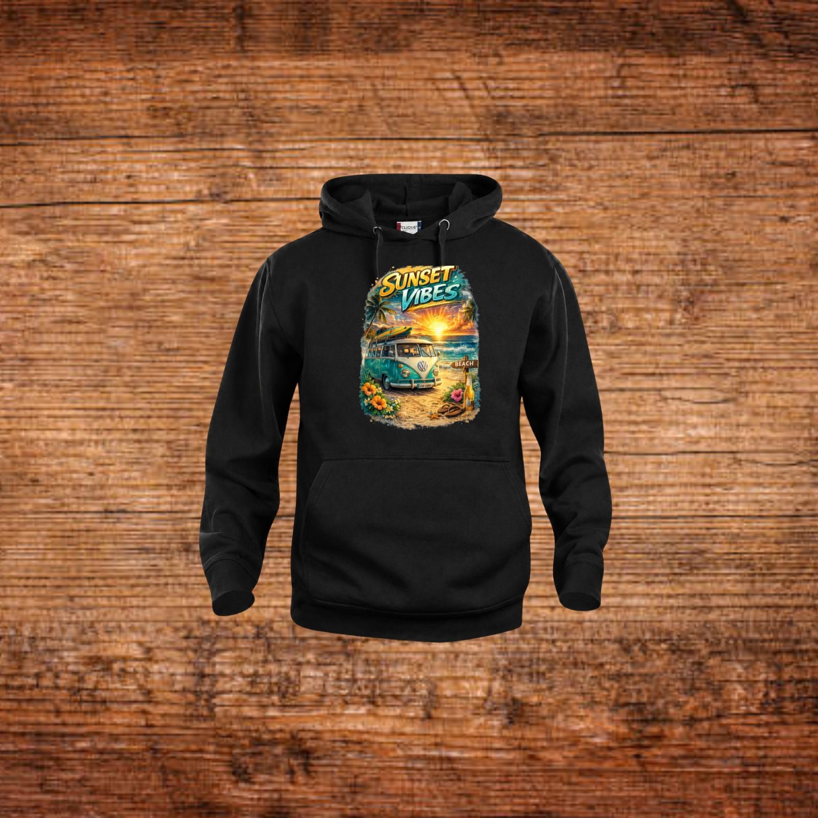 Schwarzes Kapuzensweatshirt mit Frontprint, Kordelzug und Kängurutasche