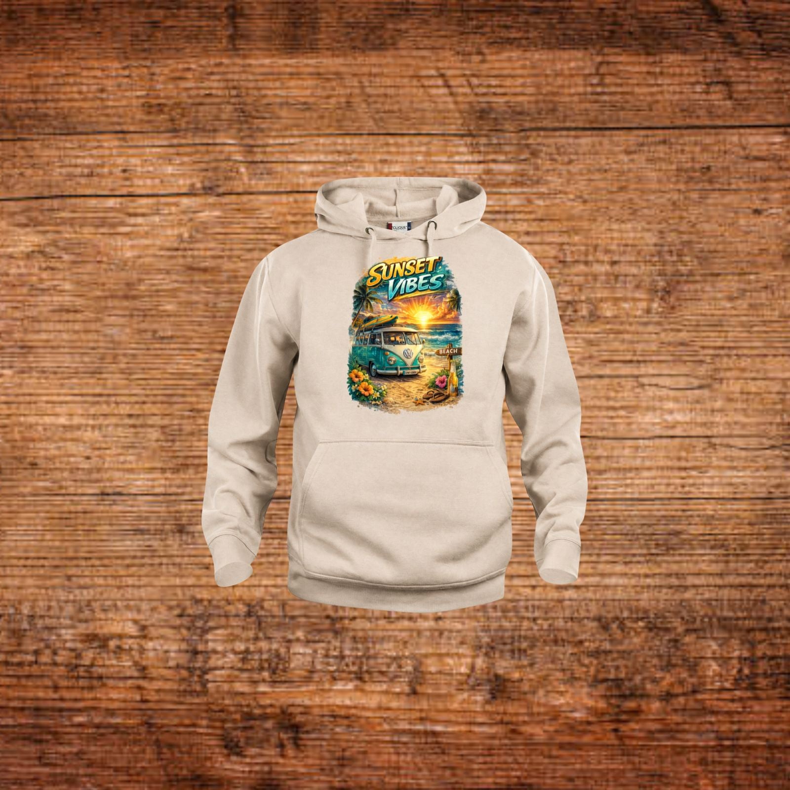 Beiges Kapuzensweatshirt mit Frontprint, Kordelzug und Kängurutasche
