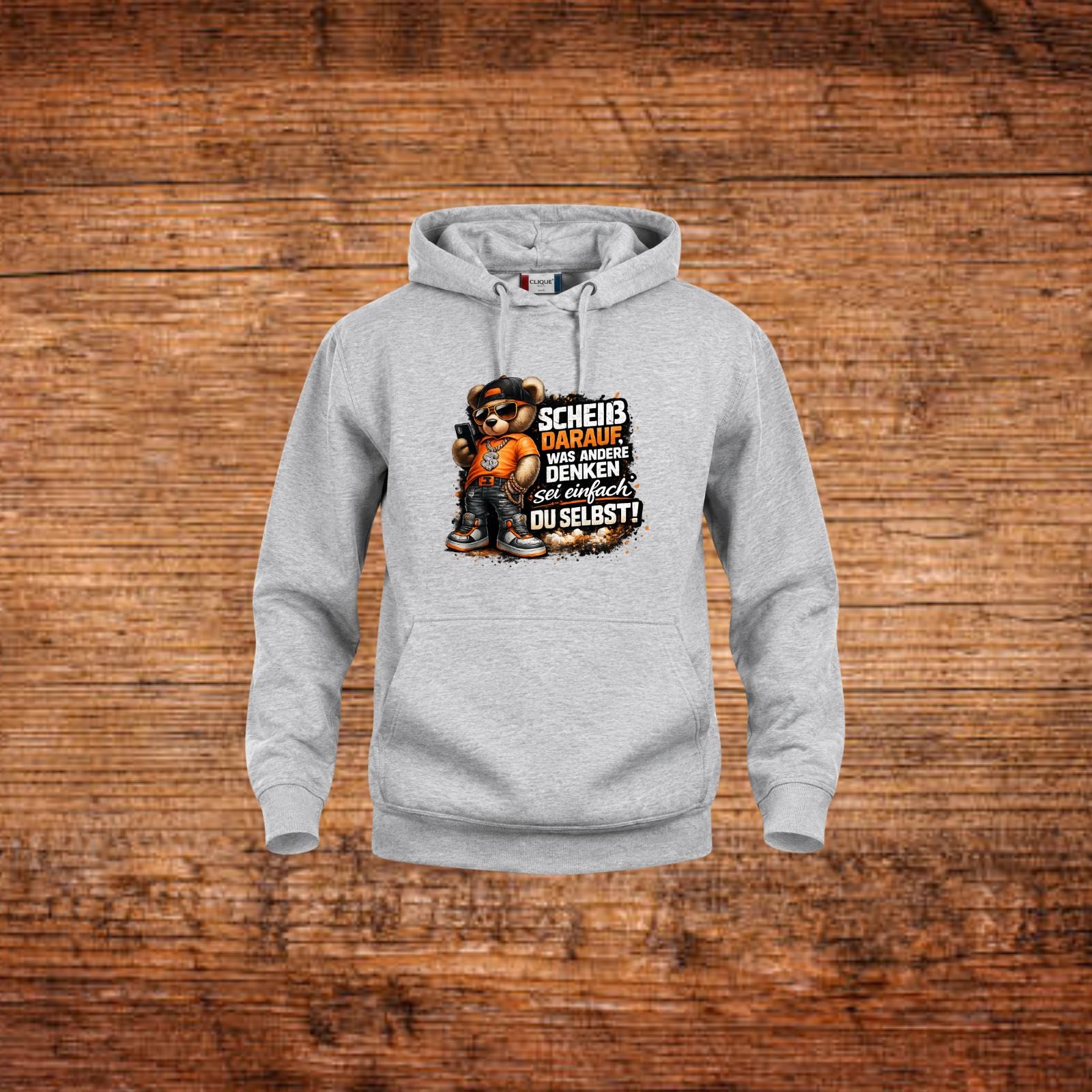 Grau melierte Hoodie mit Bären-Frontprint, Kängurutasche und Kapuze mit Kordel
