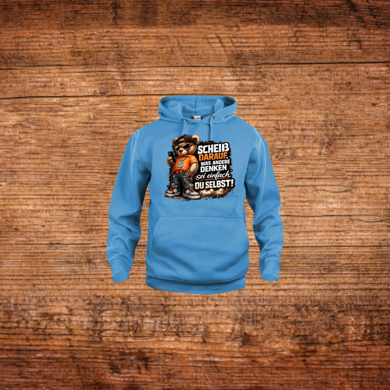 Blauer Hoodie mit Bären-Frontprint, Kängurutasche und Kapuze mit Kordel