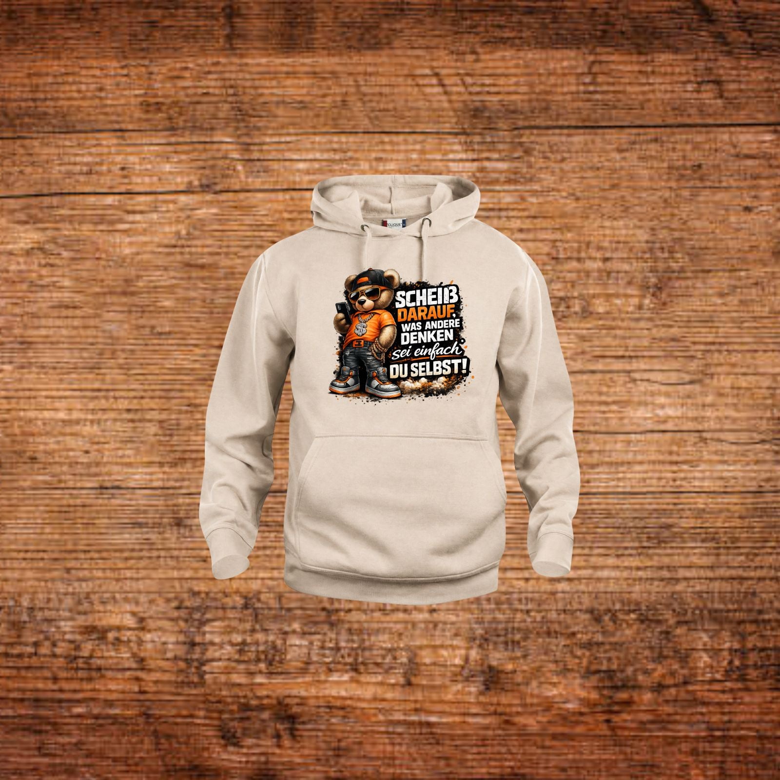 Beiger Hoodie mit Bären-Frontprint, Kängurutasche und Kapuze mit Kordel