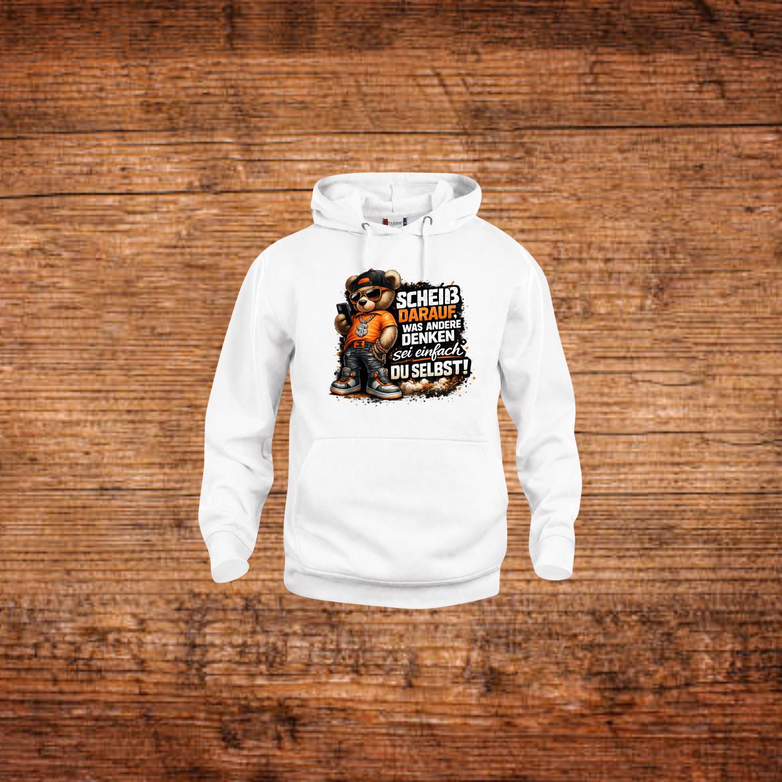 Weiße Hoodie mit Bären-Frontprint, Kängurutasche und Kapuze mit Kordel
