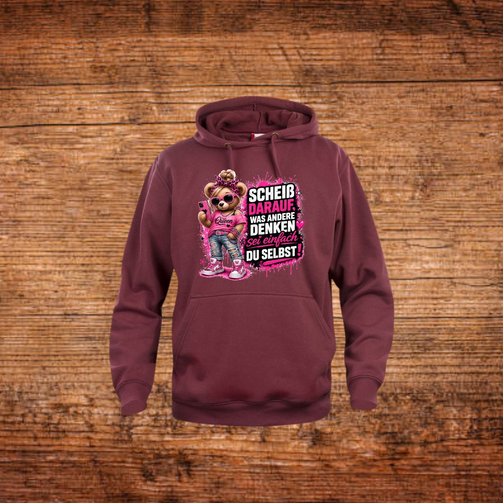 Damen-Hoodie dunkelviolett mit Kapuze und Statement-Print vorne