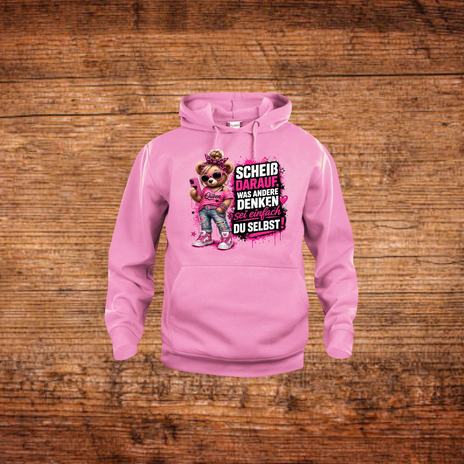 Damen-Hoodie rosa mit Kapuze und Statement-Print vorne