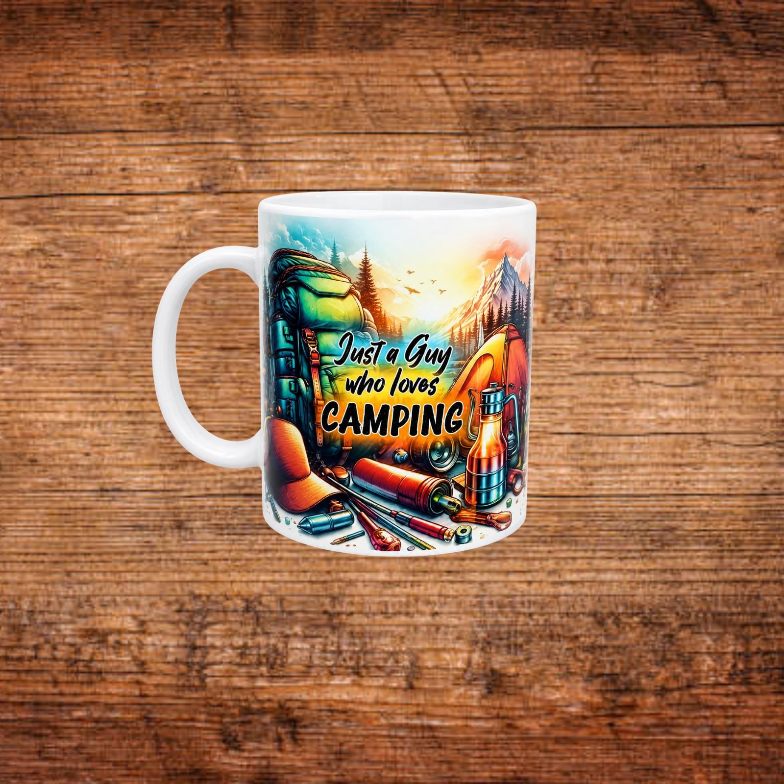 Weiße Camping-Tasse aus Kunststoff mit Campingmotiv und Henkel