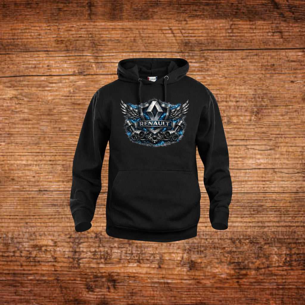 Schwarzer Kapuzenpullover mit Renault Wings Shield Brustmotiv und Kordelverschluss