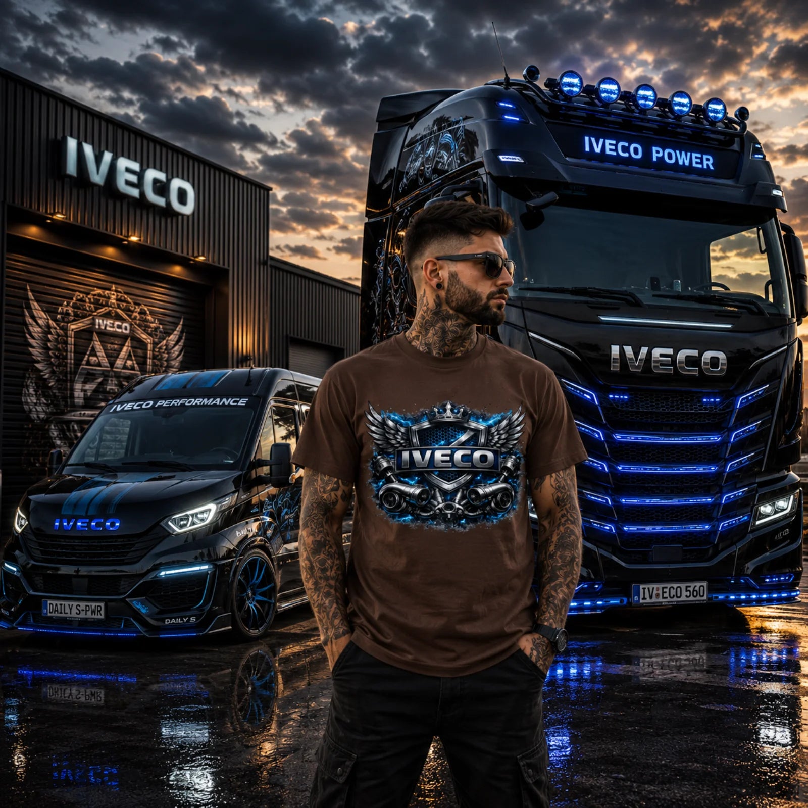 Braunes T-Shirt mit IVECO Frontprint, getragen von einem Mann