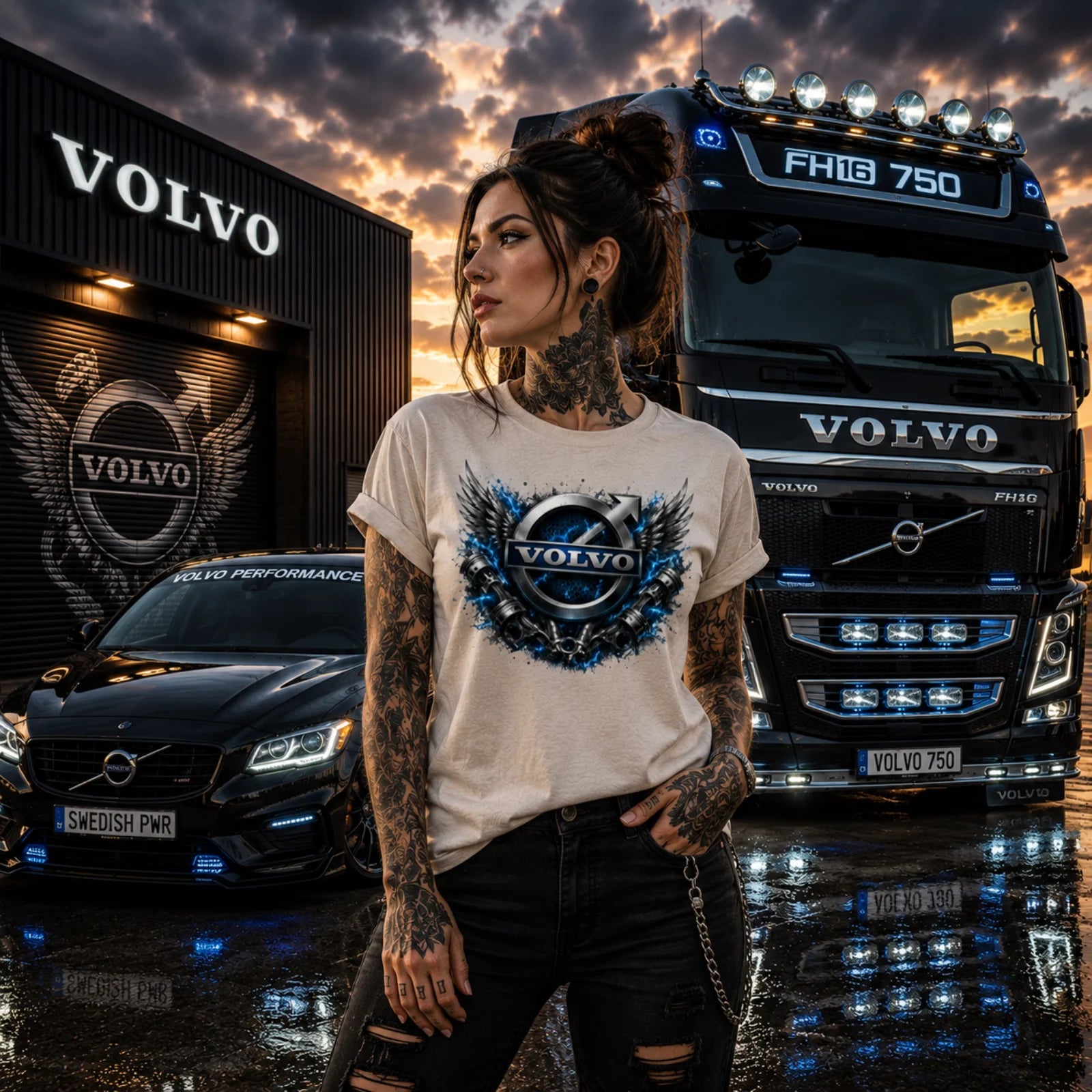 Off-White T‑Shirt mit Volvo-Emblem und Flügelmotiv in Brustmitte