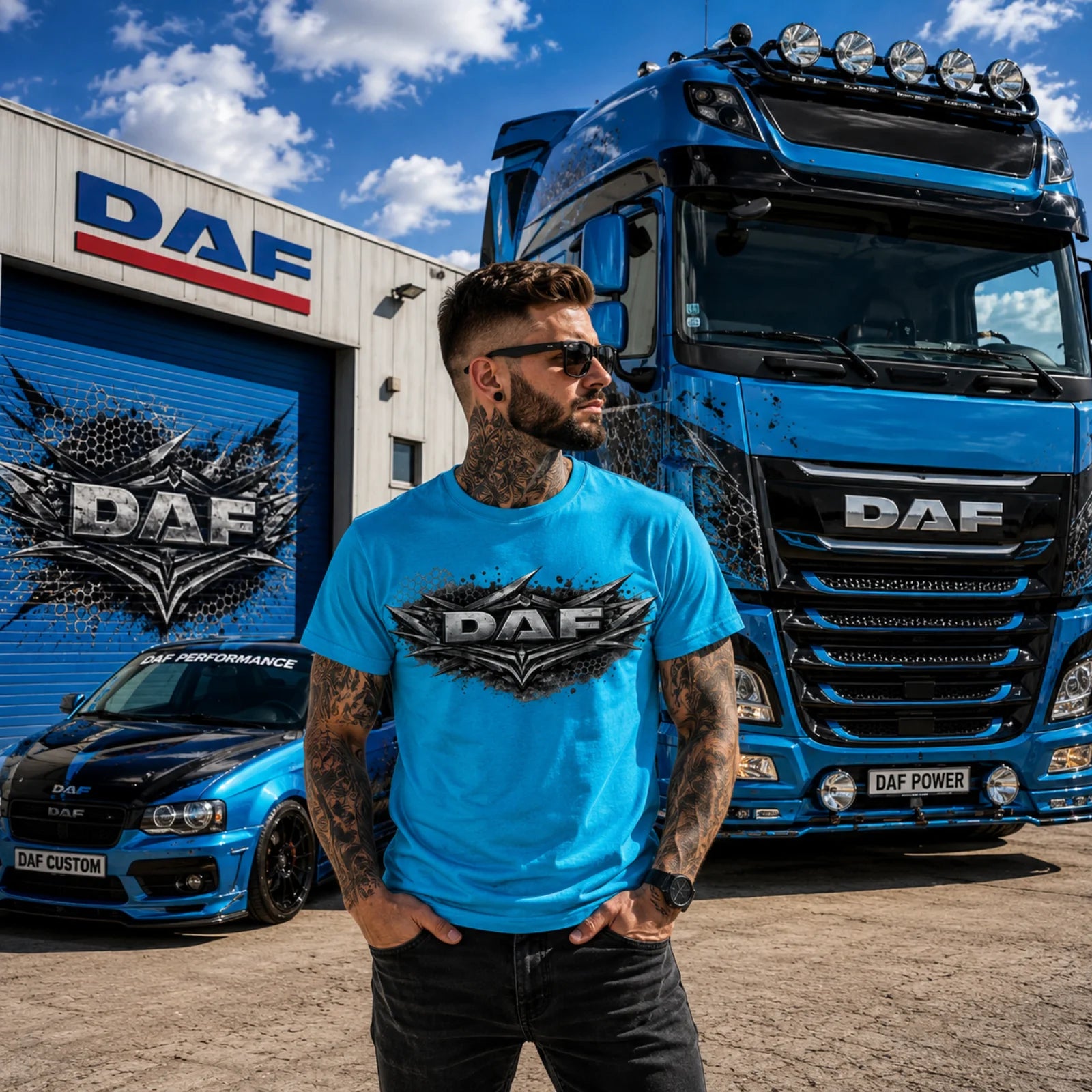 Türkisfarbenes T-Shirt mit DAF Frontlogo am Modell, kurzarm und Rundhalsausschnitt