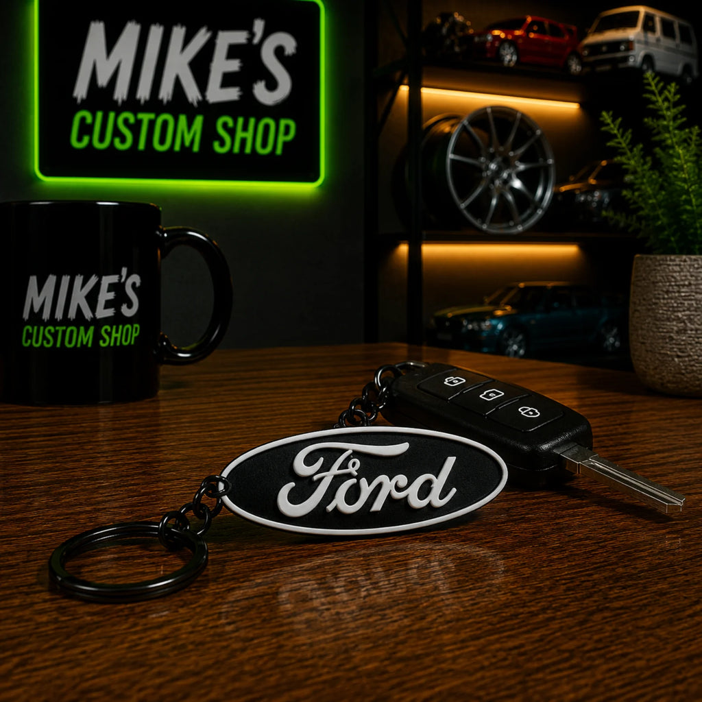 Ford-Schlüsselanhänger mit ovalem Emblem, schwarzem Anhänger und Schlüsselring