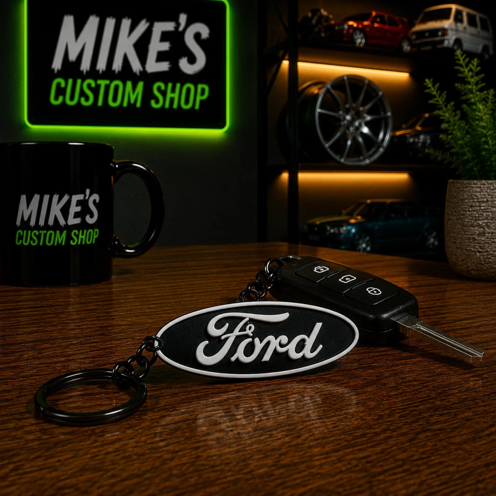 Ford-Schlüsselanhänger mit ovalem Emblem, schwarzem Anhänger und Schlüsselring