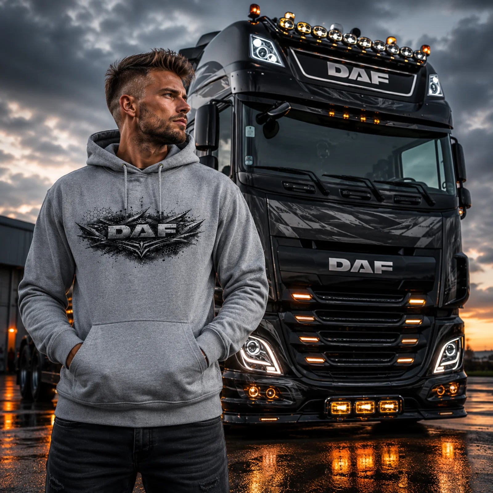 Grau­er Kapuzenpullover mit DAF Brustprint, Kängurutasche und Kordel am Kragen