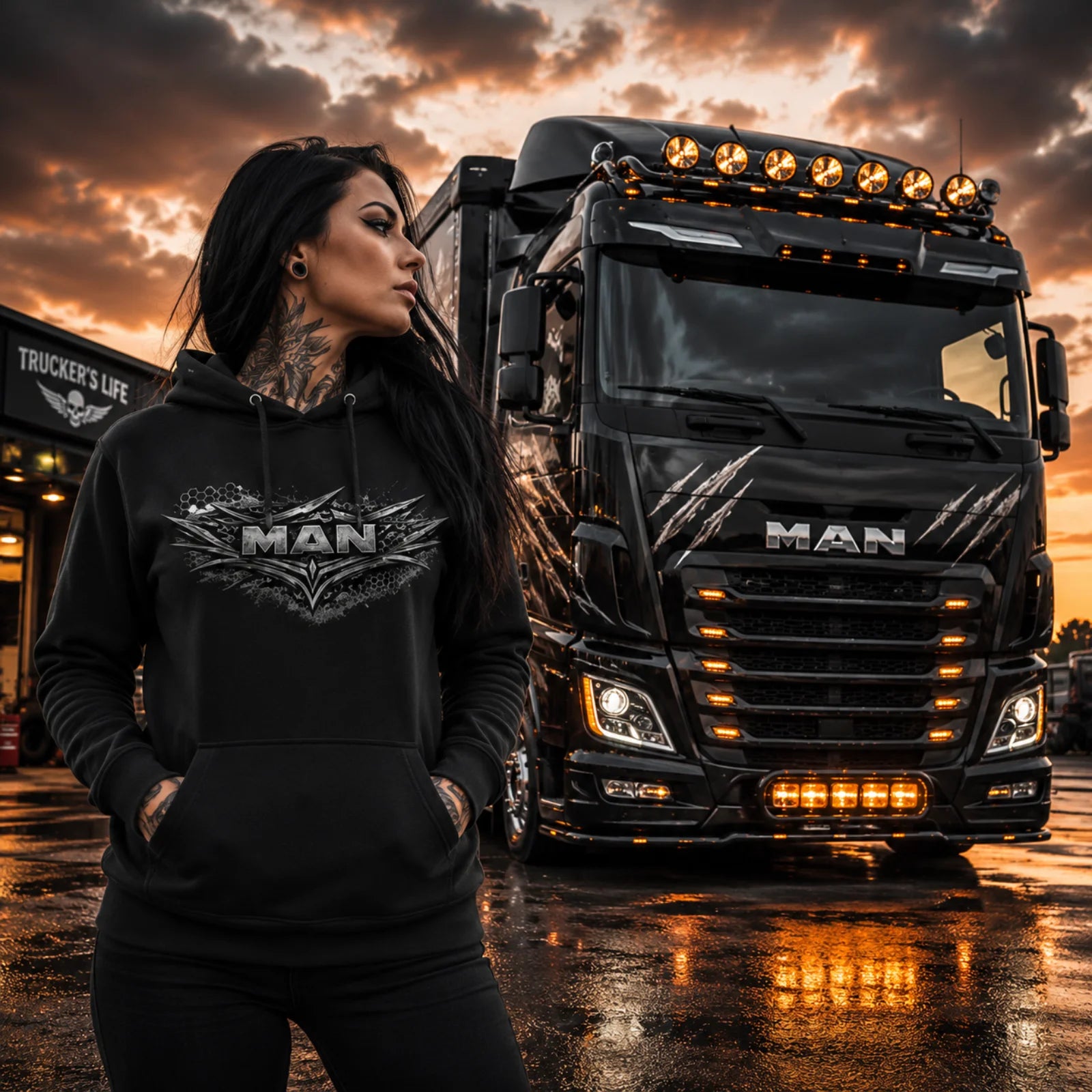 Schwarzer Kapuzenpullover mit MAN-Logo und Kängurutasche