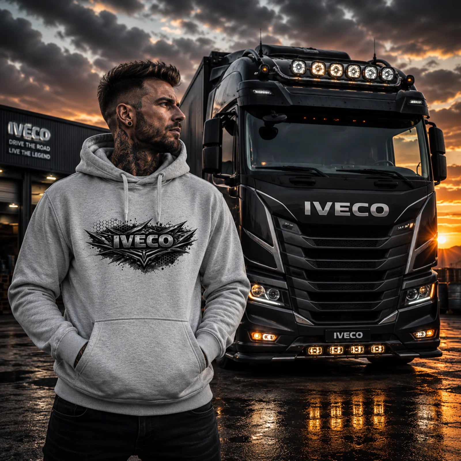 Grau melierter Kapuzenpullover mit IVECO-Frontdruck, am Modell getragen