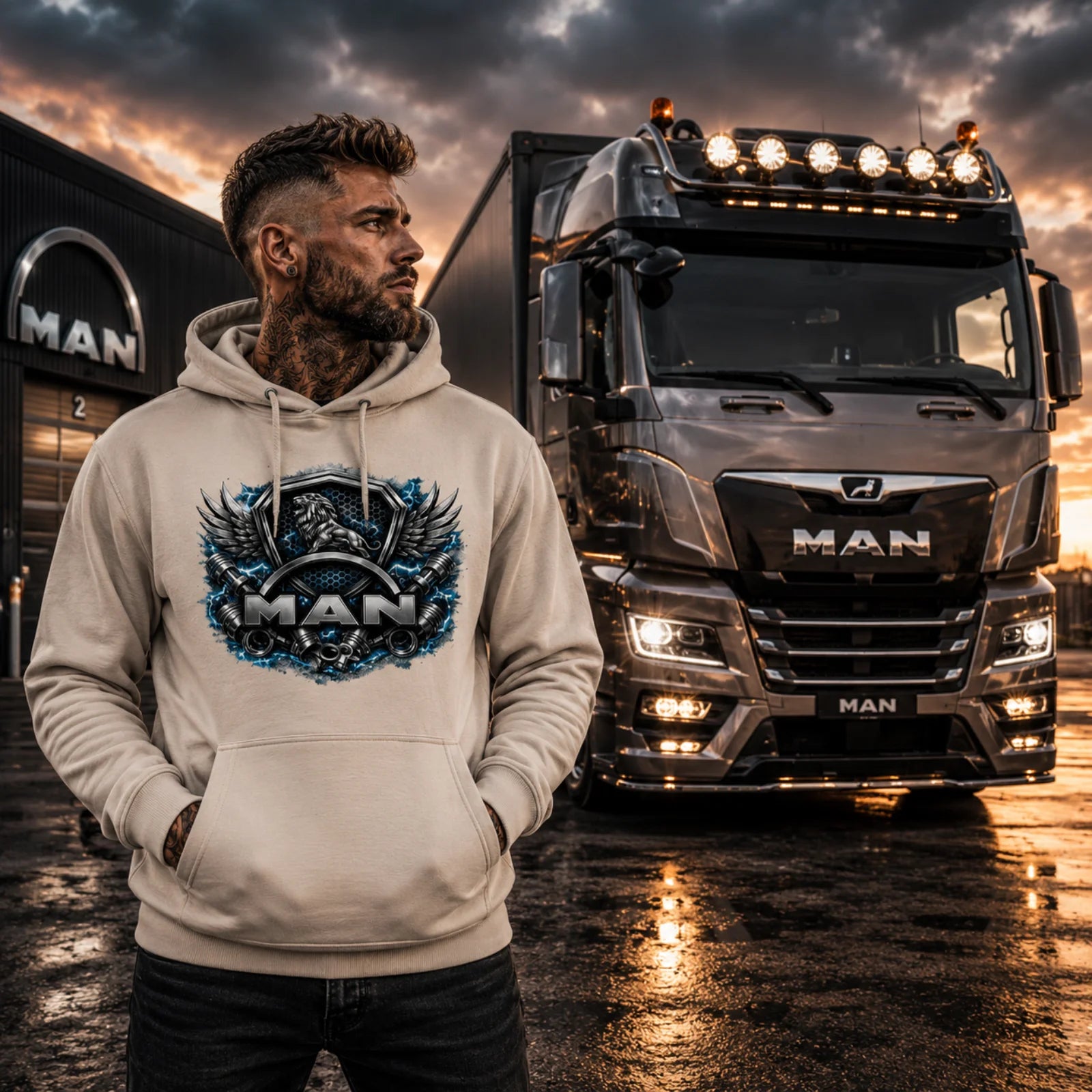 Heller Kapuzenpullover mit MAN-Löwen-Schild-Print und Kordelzug